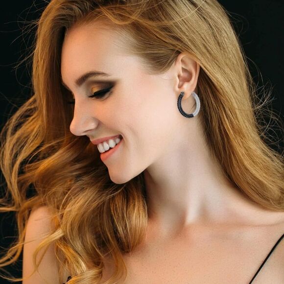 14K White Gold Sterling Silver and Diamond and Onyx Cubic Zirconia Hoop Earrings - Picture 4 of 6